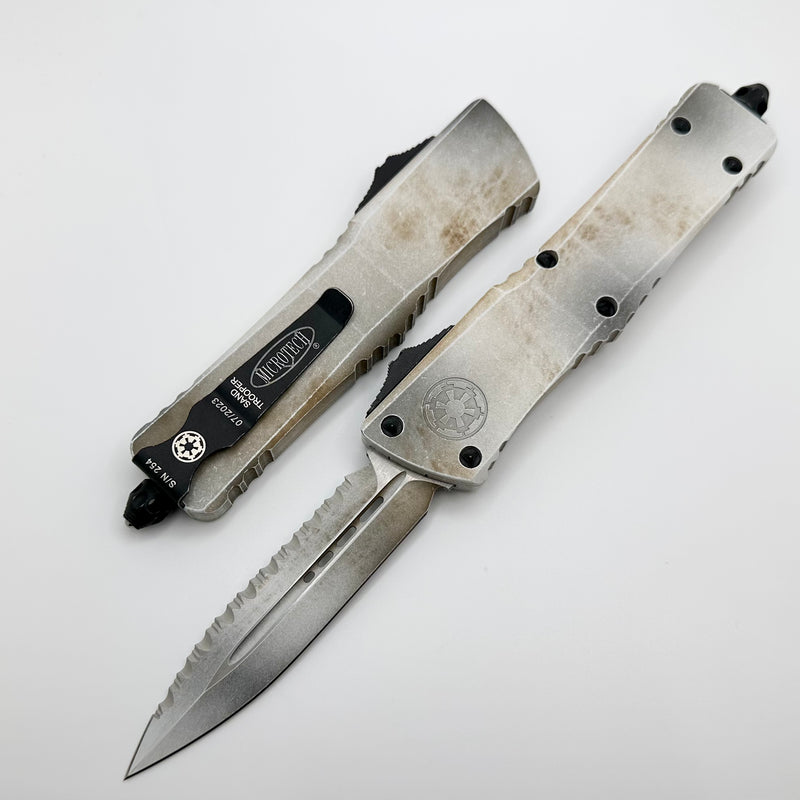 Microtech Combat Troodon Smooth Handle Deep Engraved Sand Trooper Full Serrated Double Edge Signature Series 142S-3SAD