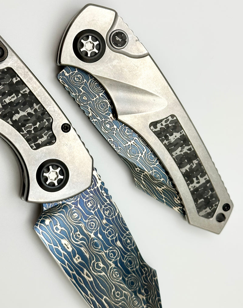 Heretic Knives Pariah Auto Custom Titanium & Silver Snakeskin Inlay w/ Blued Vegas Forge Damascus