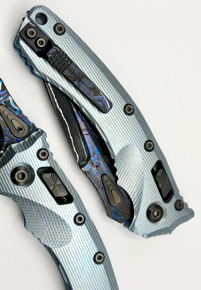 Marfione Custom Knives Amphibian RAM-LOK Brute de Forge Metroid Broken Anvil Damascus & Fluted Ice Blue Stippled Titanium