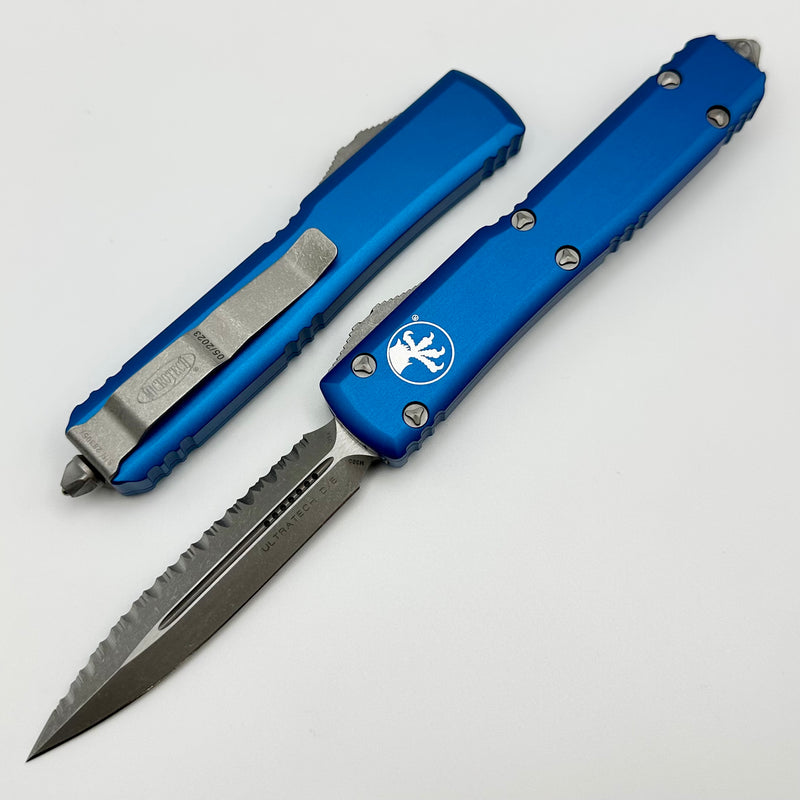 Microtech Ultratech D/E Apocalyptic Full Serrated & Blue 122-12APBL