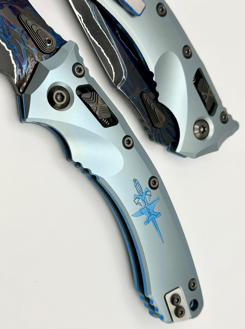 Marfione Custom Knives Amphibian RAM-LOK Metroid Broken Anvil Damascus & Ice Blue Stippled Titanium w/ Joint Logo Dagger Engraved