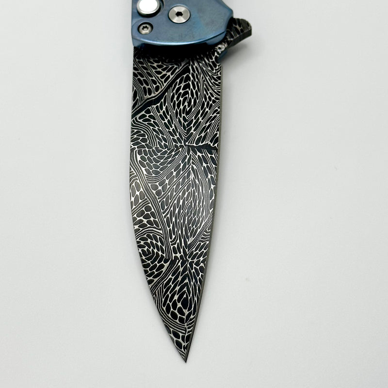 Pro-Tech Malibu Blue Ano Titanium Handle w/ Pearl Inlays/Button & Chad Nichols Mosaic Damascus Wharncliffe Blade 2023 Custom 011