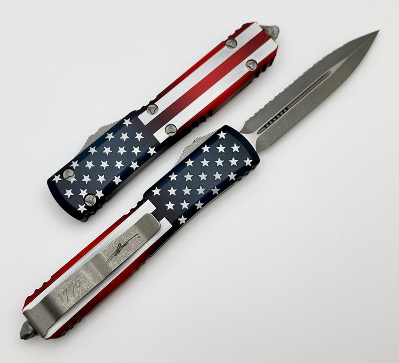 Microtech Ultratech Double Edge Apocalyptic Full Serrated USA Flag Blade Show 2023 Signature Series 122-12APFLAGS