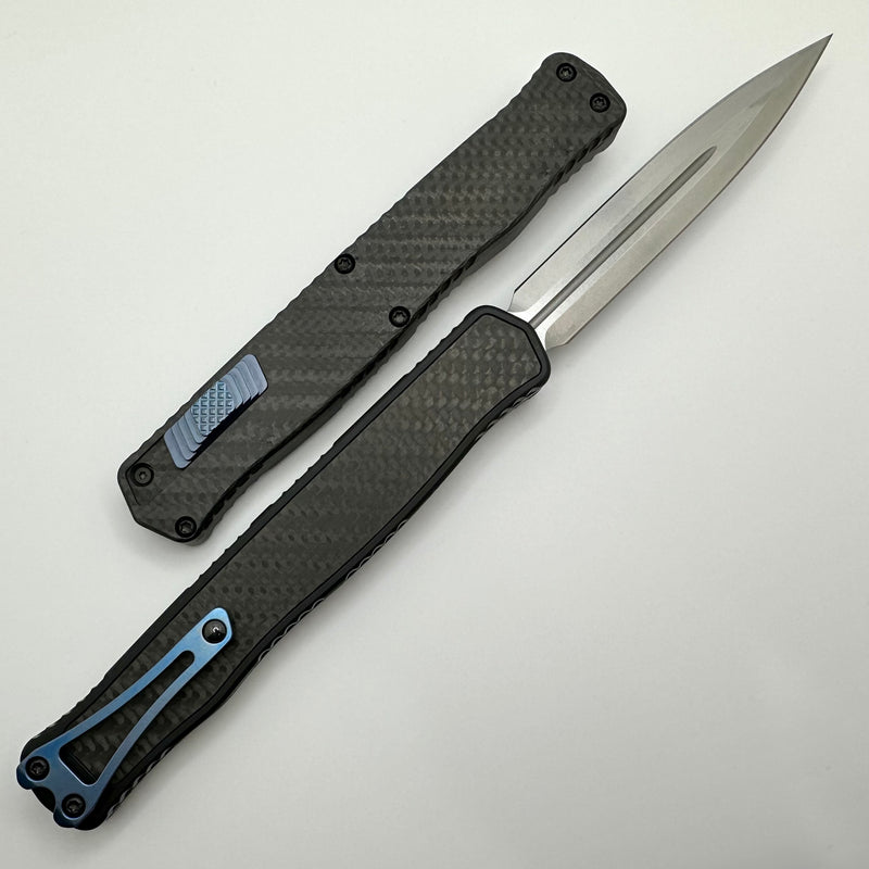 Heretic Knives Cleric II 2 Carbon Fiber Stonewash Double Edge Magnacut w/ Blue Ti Button/Clip H020-2A-CF/BLU