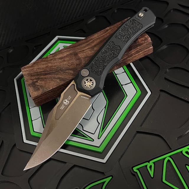 Heretic Knives Wraith Auto V4 Black Handle w/ Grip Inlays & Bronze Bowie MagnaCut Blade H002-7A