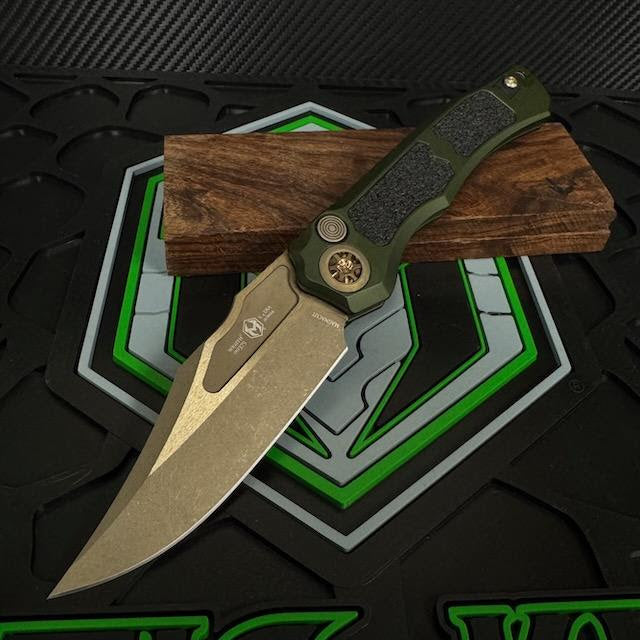 Heretic Knives Wraith Auto V4 OD Green Handle w/ Grip Inlays & Bronze Bowie MagnaCut Blade H002-7A-GRN