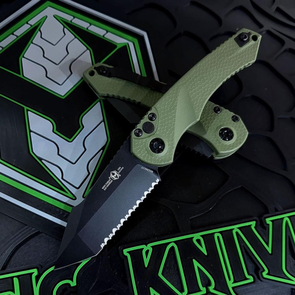 Heretic Knives Mini Pariah Auto Button Lock OD Green Polymer Handles w