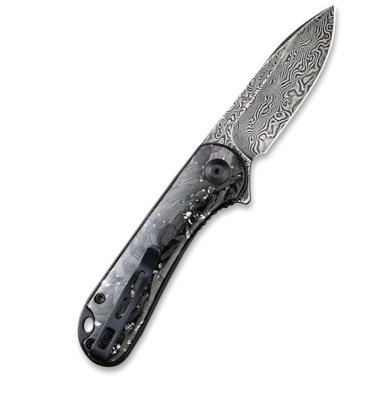 Civivi Elementum Flipper Knife - Shredded Carbon Fiber And Silvery Shred In Clear Resin Contoured Handle (2.96" Black Hand Rubbed Damascus) C 907C-DS2