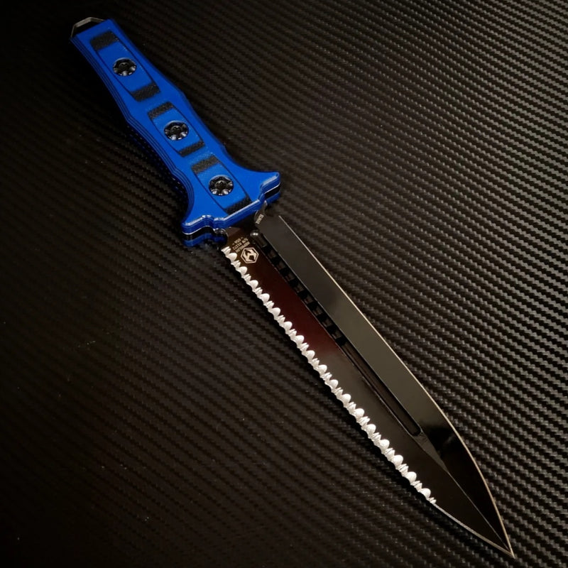 Heretic Knives Nephilim Black/Blue G-10 & Double Edge Battleworn Black Full Serrated H003-8C-BLKBLU