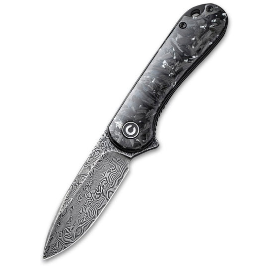 Civivi Elementum Flipper Knife - Shredded Carbon Fiber And Silvery Shred In Clear Resin Contoured Handle (2.96" Black Hand Rubbed Damascus) C 907C-DS2