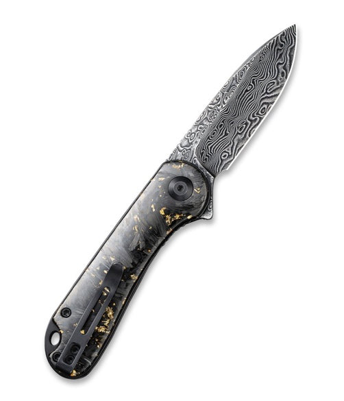 Civivi Elementum Flipper Knife - Shredded Carbon Fiber And Golden Shred In Clear Resin Contoured Handle (2.96" Black Hand Rubbed Damascus) C 907C-DS1