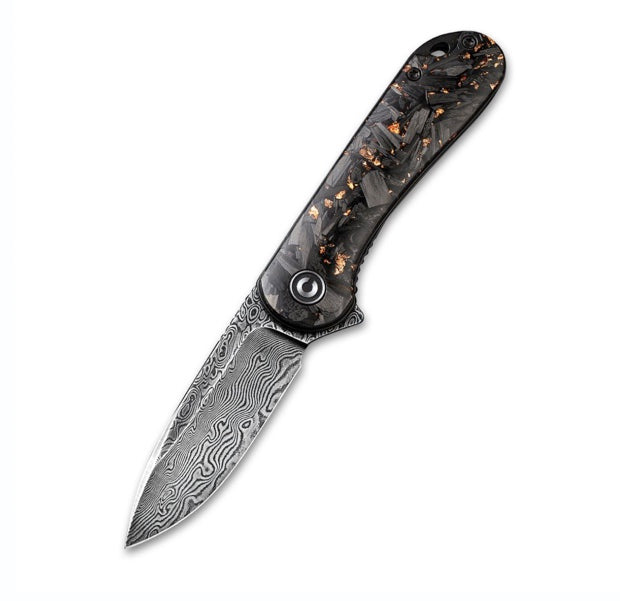 Civivi Elementum Flipper Knife - Shredded Carbon Fiber And Copper Shred Shred In Clear Resin Contoured Handle (2.96" Black Hand Rubbed Damascus) C 907C-DS3