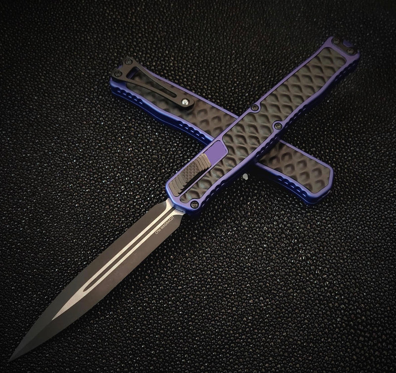 COMING SOON Heretic Knives Cleric II 2 Black Double Edge Magnacut w/ Purple & Black Stainless Bubble Inlays H020-10A-PU