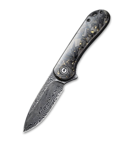 Civivi Elementum Flipper Knife - Shredded Carbon Fiber And Golden Shred In Clear Resin Contoured Handle (2.96" Black Hand Rubbed Damascus) C 907C-DS1