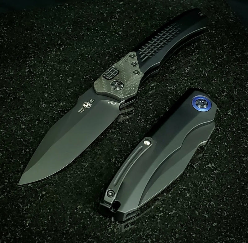 Heretic Knives Wraith Auto Black Drop Point w/ Carbon Fiber Bolster & Black Handle w/ Blue Pivot Collar H000-4A-T