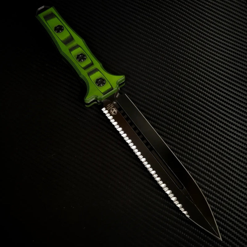 Heretic Knives Nephilim Black/Green G-10 & Double Edge Battleworn Black Full Serrated H003-8C-BLKGRN