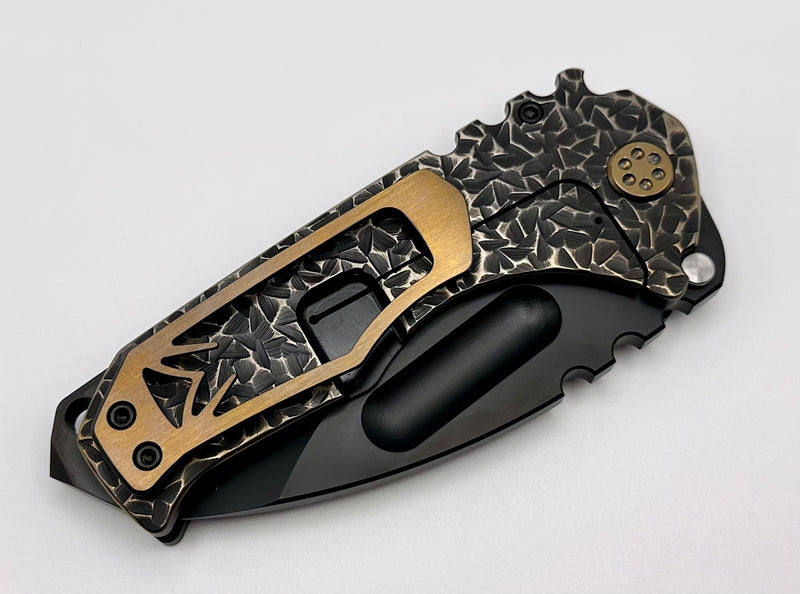 Medford Knife Praetorian TI Drop Point PVD 3V & Brushed/Bronze Hammered Sculpted Handles & PVD/Bronze Hardware/Clip