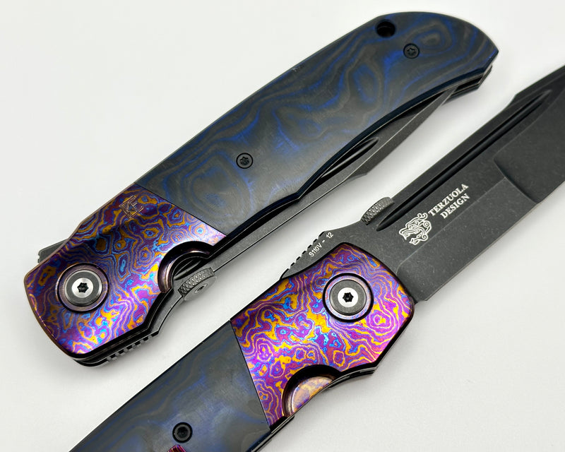 Custom Knife Factory Eagle Rock Timascus Bolsters w/ Blue/Black Carbon Fiber & S110V