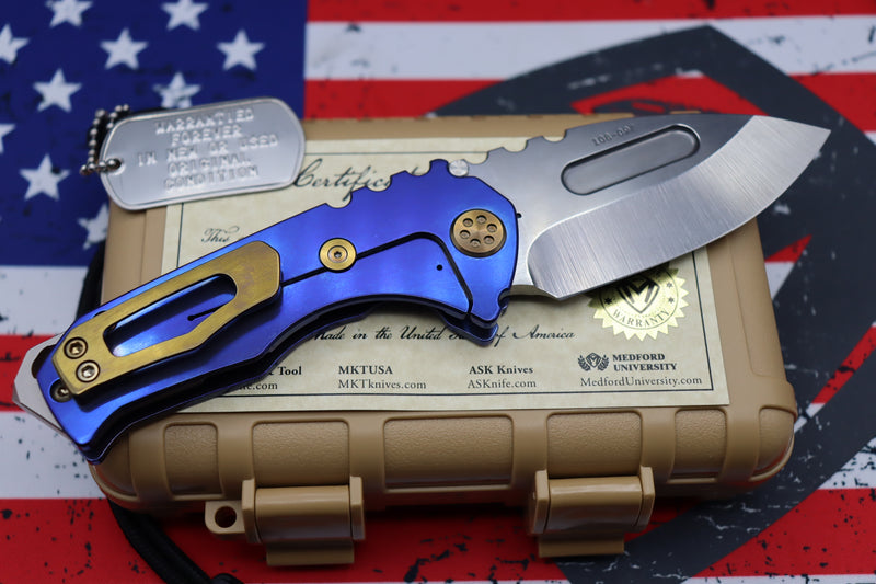 Medford Praetorian Genesis T Satin with Blue/Gold & Drop Point CPM-S35VN