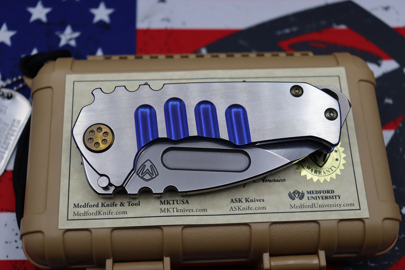 Medford Praetorian Genesis T Satin with Blue/Gold & Drop Point CPM-S35VN