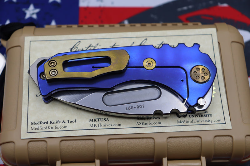 Medford Praetorian Genesis T Satin with Blue/Gold & Drop Point CPM-S35VN