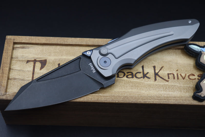 Jake Hoback Knives Sumo Light Gray Sandblast Handle & DLC Black Blade with Blue Anodized Accents