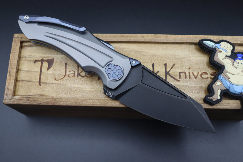 Jake Hoback Knives Sumo Light Gray Sandblast Handle & DLC Black Blade with Blue Anodized Accents