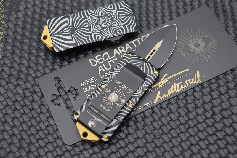 Microtech Exocet D/E Two-Toned Black w/ Gold Accents 'SOURCE' Artwork 157-1TSOS