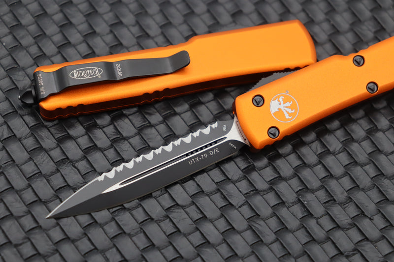 Microtech UTX-70 D/E Black Fully Serrated & Orange 147-3OR