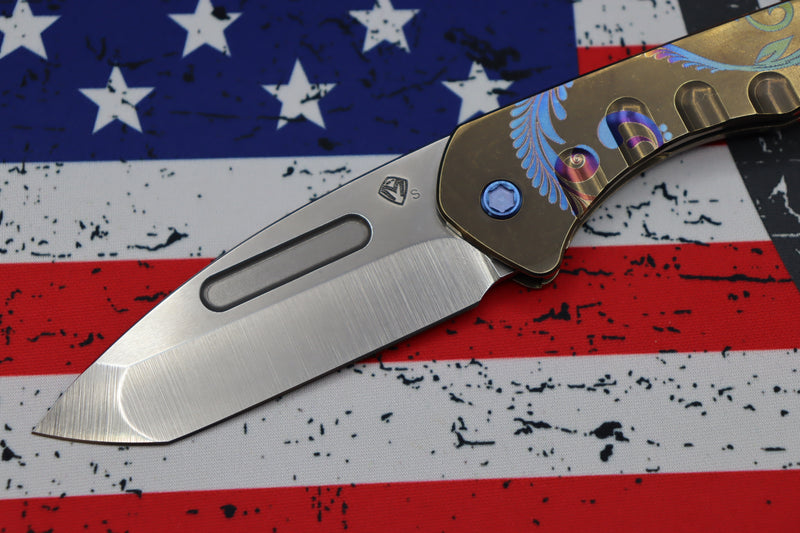 Medford Praetorian Slim w/ Tumbled S35VN Tanto & Bronze Filigree w/ Blue Hardware/Clip