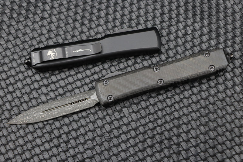 Microtech Ultratech Damascus Pattern 1 Double Edge & Carbon Fiber Top 122-16CFS