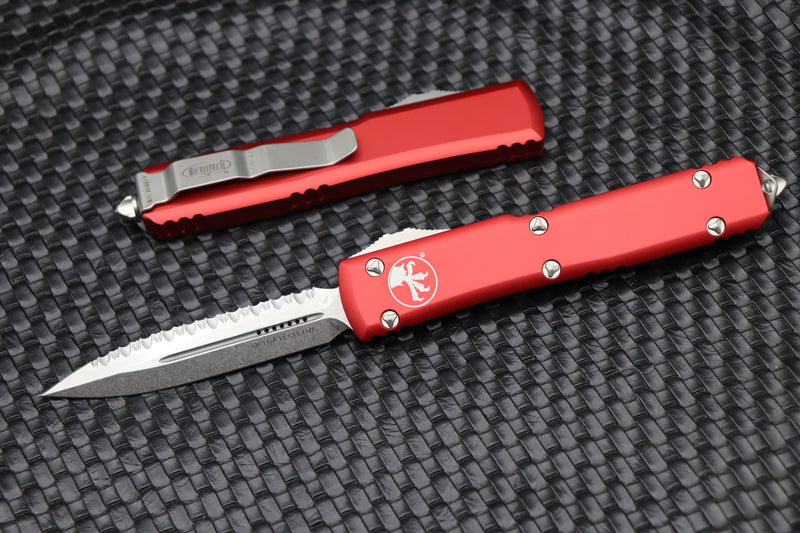 Microtech Ultratech Double Edge Full Serrated Stonewash & Red 122-12RD