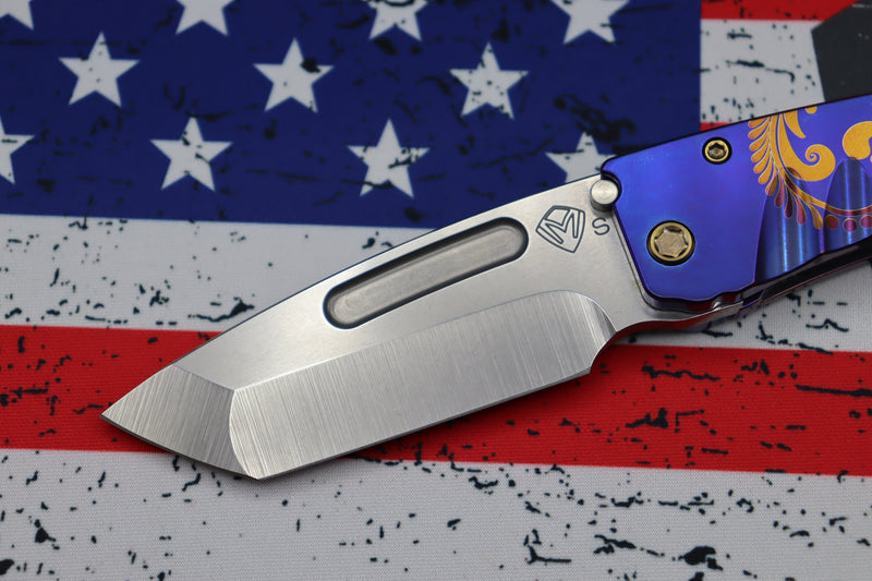 Medford Midi Marauder S35 Tumbled Tanto & Dark Blue Bronze Filigree Handles w/ Bronze Hardware/Clip