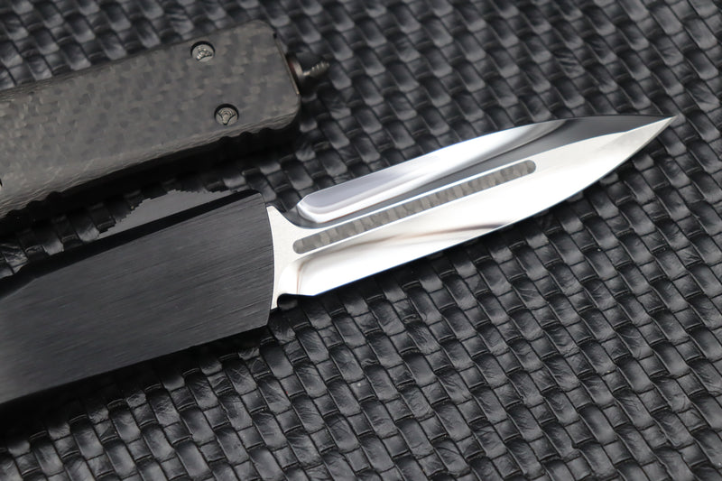 Marfione Custom Knives Combat Troodon D/E Mirror Polish w/ Carbon Fiber Inlays & Carbon fiber Top/Button w/ Hefted Black Handle & DLC Ringed Hardware