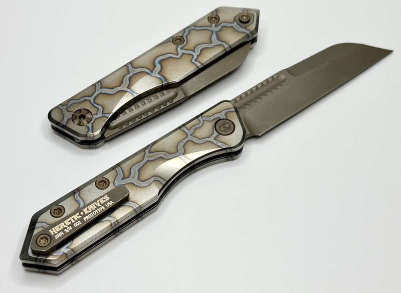 Heretic Knives Jinn Prototype Flamed Titanium w/ Bronze Accents & Hand Ground Battle Bronze Magnacut