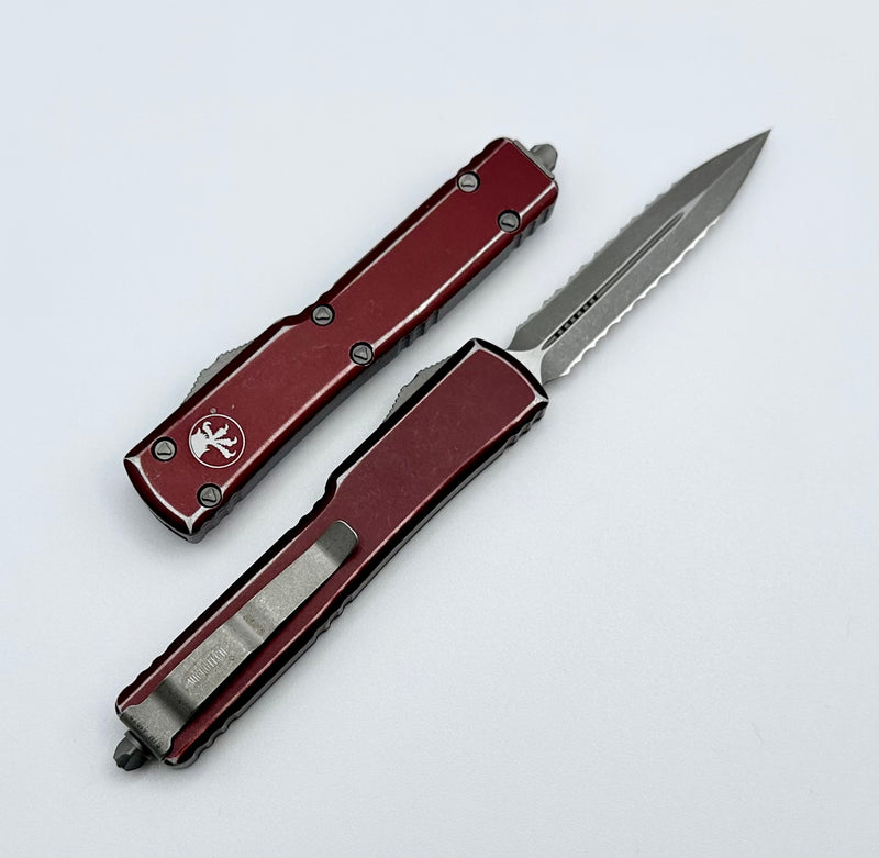 Microtech UTX-70 Double Edge Double Fully Serrated Apocalyptic & Distressed Merlot 147-D12DMR