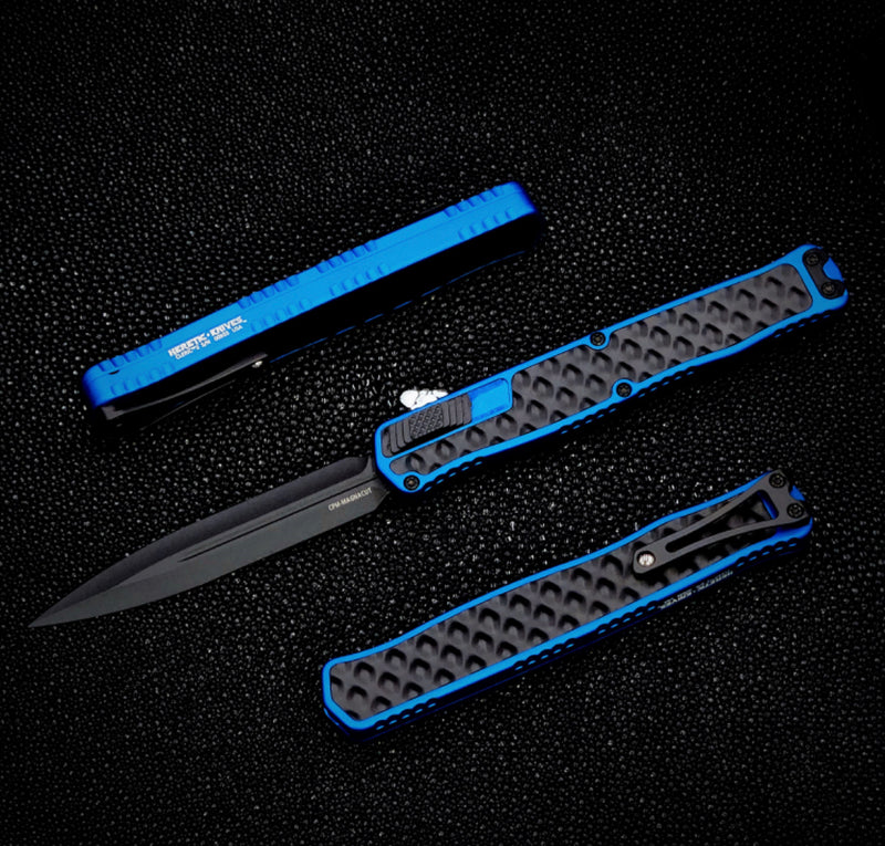 Heretic Knives Cleric II 2 Black Double Edge Magnacut w/ Blue & Black Stainless Bubble Inlays