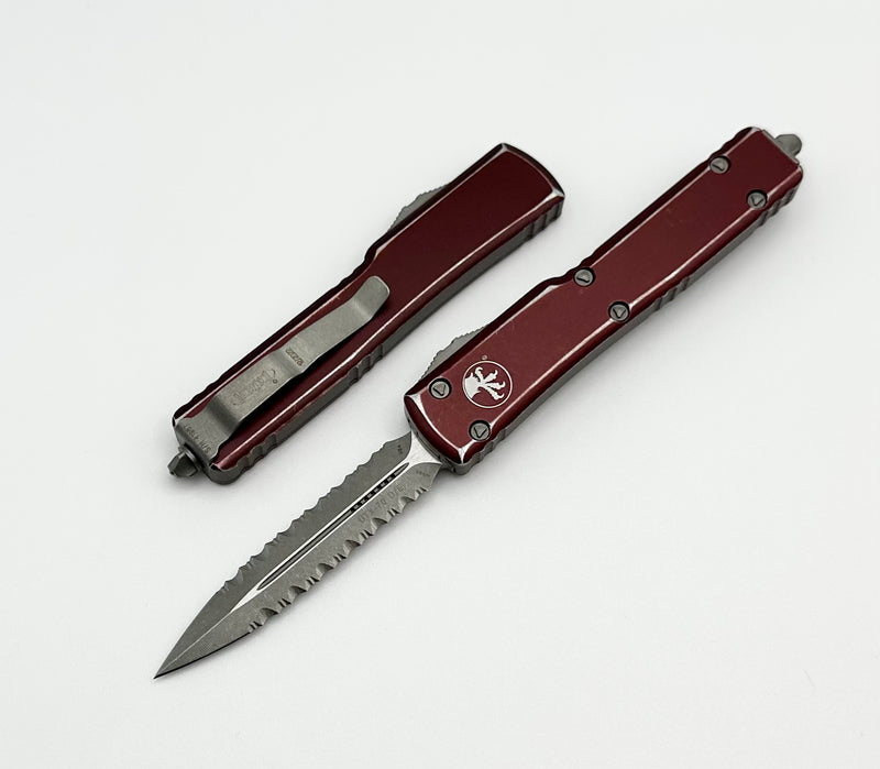 Microtech UTX-70 Double Edge Double Fully Serrated Apocalyptic & Distressed Merlot 147-D12DMR