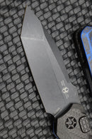 Heretic Knives Wraith Auto Battleworn Black Tanto w/ Carbon Fiber Bolster & Breakthrough Blue Handle DLC H100-8A-BRKBLU