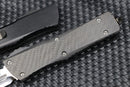 Marfione Custom Knives Combat Troodon D/E Mirror Polish w/ Carbon Fiber Inlays & Carbon fiber Top/Button w/ Hefted Black Handle & DLC Ringed Hardware