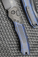 Heretic Knives Wraith Auto Battleworn Black Tanto w/ Carbon Fiber Bolster & Breakthrough Blue Handle DLC H100-8A-BRKBLU