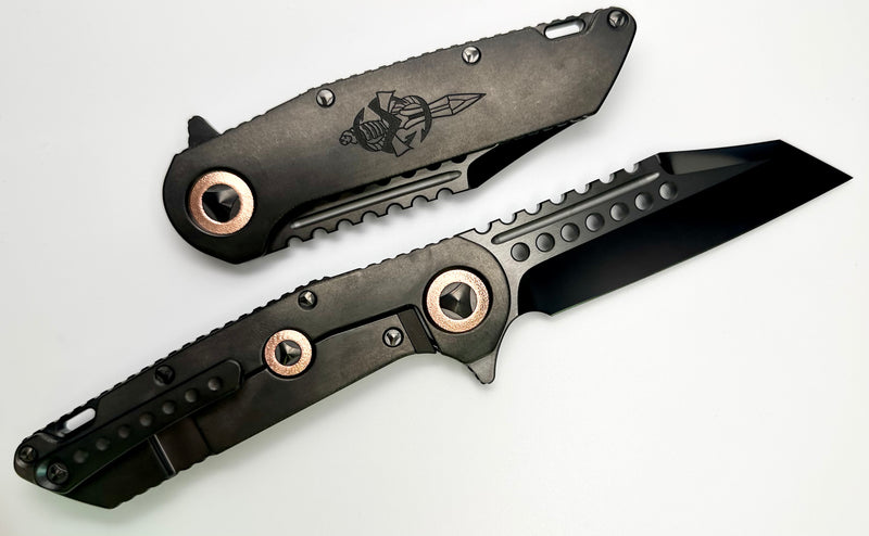 Marfione Custom Knives Warhound DLC Stonewash Titanium w/ Deep Engraved Dagger Relief & DLC Diamondwash CTS-204P w/ Copper Accents