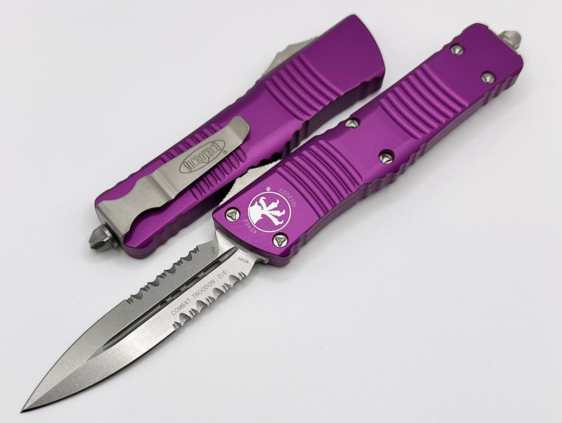 Microtech Combat Troodon Violet w/ Double Edge Stonewash Partial Serrated 142-11VI