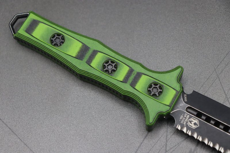 Heretic Knives Nephilim Black/Green G-10 & Double Edge Battleworn Black Full Serrated H003-8C-BLKGRN