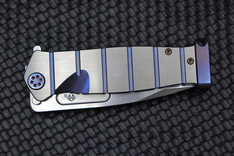 Medford Knife USMC Fighter Flipper S35 Tumbled & Blue w/ Faced Silver Flats Handles & Flamed Hardware/Clip/Pommel