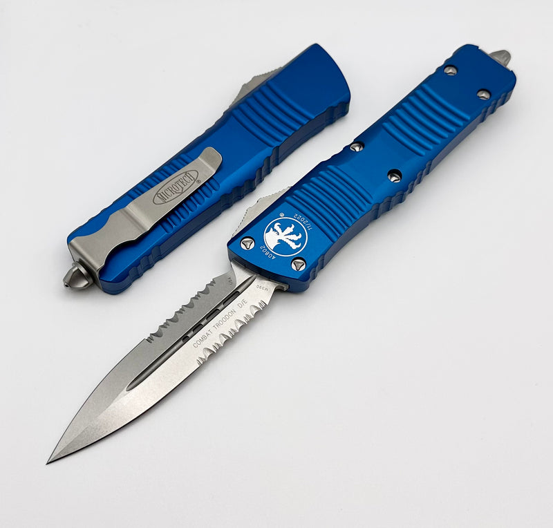 Microtech Combat Troodon Blue w/ Double Edge Stonewash Partial Serrated 142-11BL