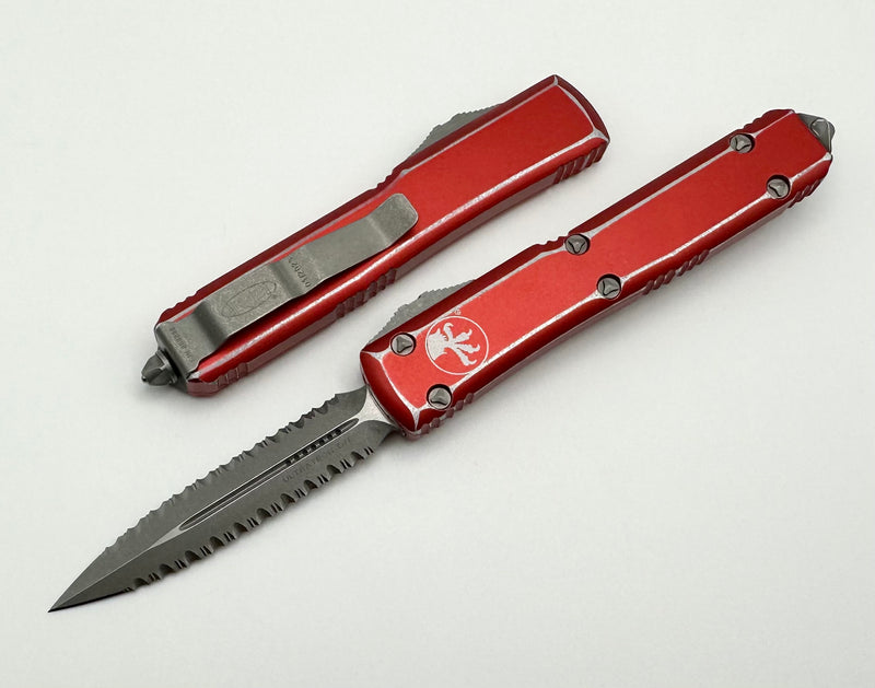 Microtech Ultratech Double Edge Double Full Serrated Apocalyptic & Distressed Red 122-D12DRD