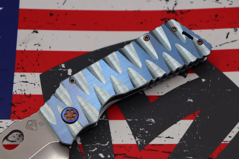 Medford TFF-1 Fat Daddy Blue "Lazy River" Sculpted Handles w/ Flamed Hardware, Blue Clip & Tumbled S35VN