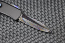 Marfione Hera D/E Spike Grind Hot Blued Vegas Forge Reptilian Pattern Damascus & Black Anodized Handle w/ Zircuti Button & Pocket Clip & DLC Two Tone Hardware