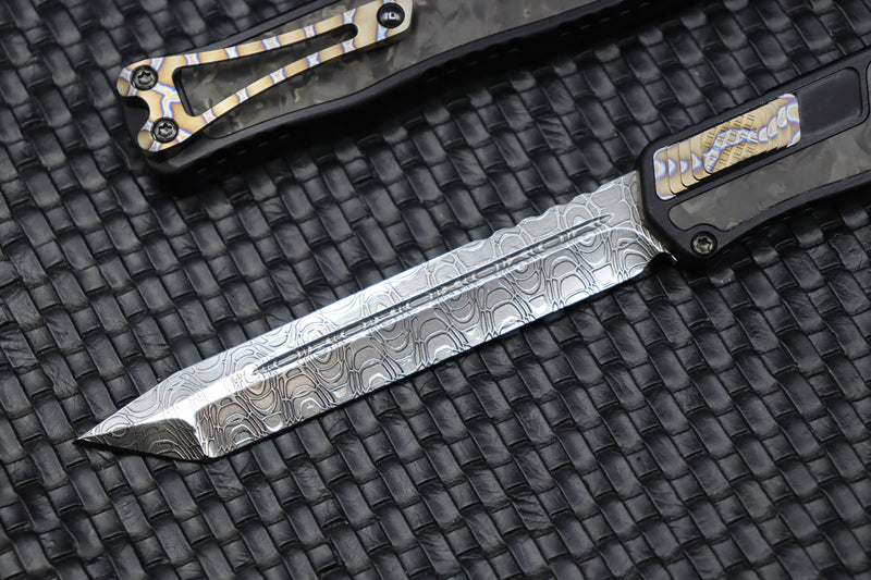 Heretic Knives Cleric II 2 Vegas Forge Damascus Tanto & Marble Carbon Fiber Inlays w/ Flamed Clip/Button